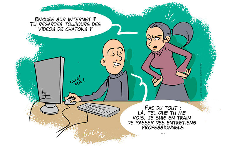 Dessin : Une homme est sur un ordinateur et une femme lui dit 