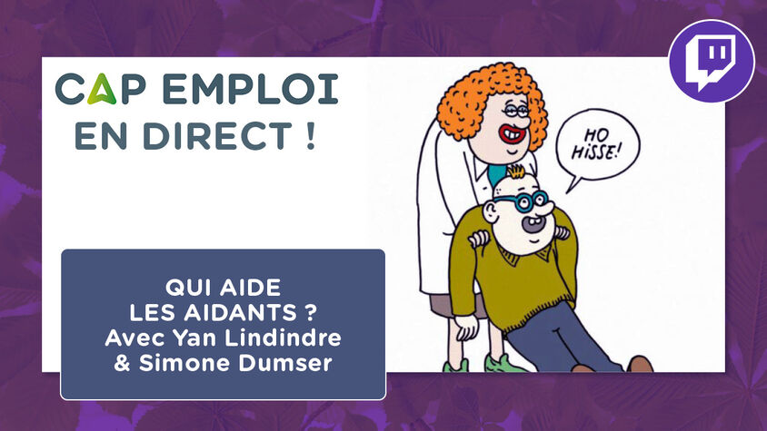 Dessin amusant d'une aidante qui aide un homme qui dit 