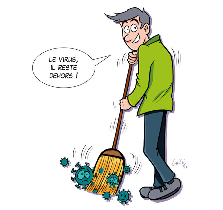 Illustration d'une personne passant le balais disant le virus, il reste dehors