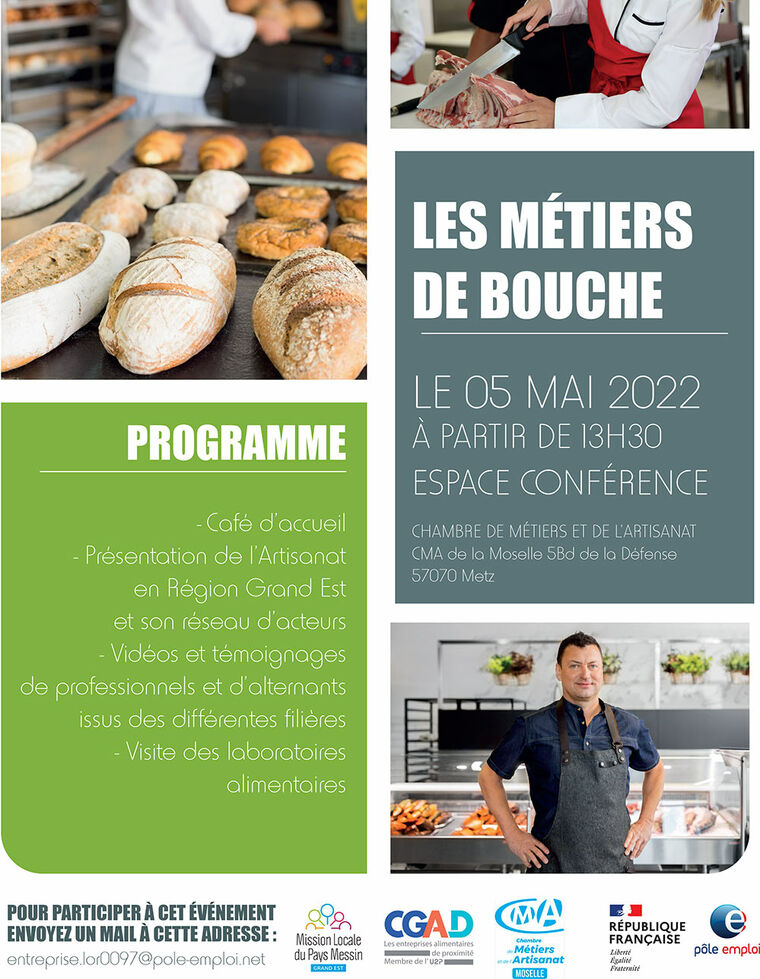 PROGRAMME : Café d’accueil ; Présentation de l’Artisanat en Région Grand Est et son réseau d’acteurs ; Vidéos et témoignages de professionnels et d’alternants issus des différentes filières ; Visite des laboratoires alimentaires