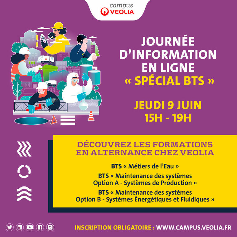 Jeudi 9 juin de 15h à 19h, découvrez les formations en alternance chez VEOLIA (BTS métiers de l'eau, maintenance des systèmes options A & B)