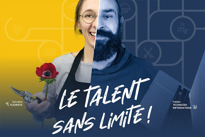 Le talent sans limite (on voit d'un côté de l'image une fleuriste et de l'autre un informaticien).