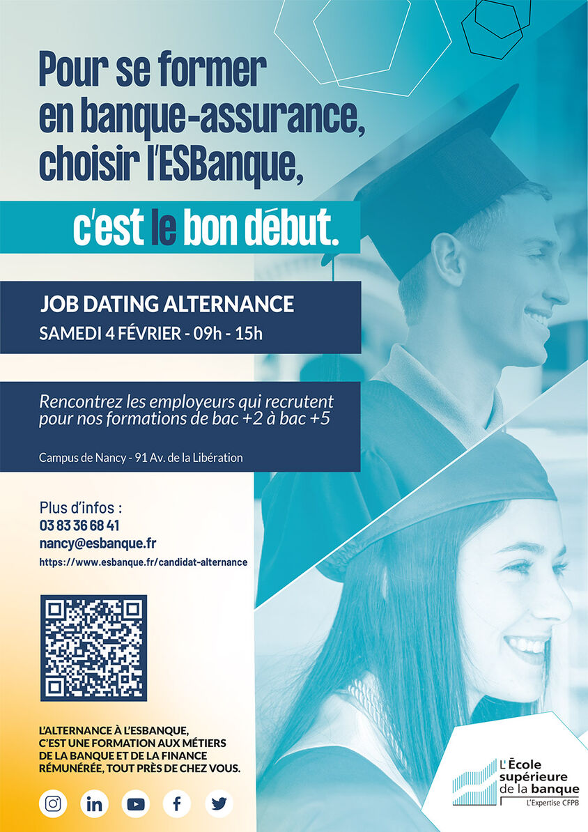 Affiche du jobdating avec des photos de jeunes diplômé(e)s. Plus d'infos sur nancy@esbanque.fr ou au 03 83 36 68 41