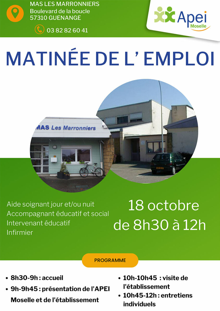 PROGRAMME : • 8h30-9h : accueil • 9h-9h45: présentation de l'APEI  • 10h-10h45 : visite de l'établissement • 10h45-12h : entretiens individuels