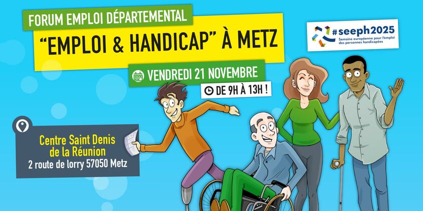 Affiche de l'évènement avec un dessin d'une personne qui a une prothèse à la jambe qui court avec un CV, un homme en chaise roulante souriant, une femme avec un appareil auditif et un autre homme avec une béquille.