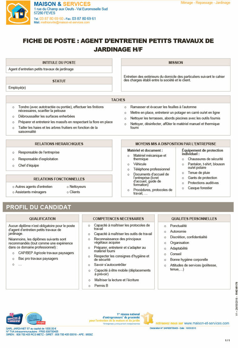 Fiche de poste agent d'entretien de petits travaux de jardinage